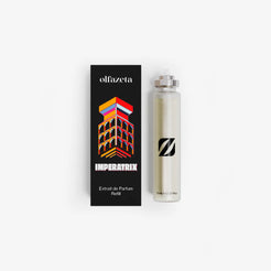 Zwarte doos Olfazeta by Chogan Imperatrix 10 Years Edition met kleurrijke illustratie en Extrait de Parfum-navulling 15 mL