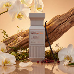 Světle šedý flakon Olfazeta by Chogan Luxury N°101 mezi bílými orchidejemi, naplaveným dřevem a vanilkovým luskem