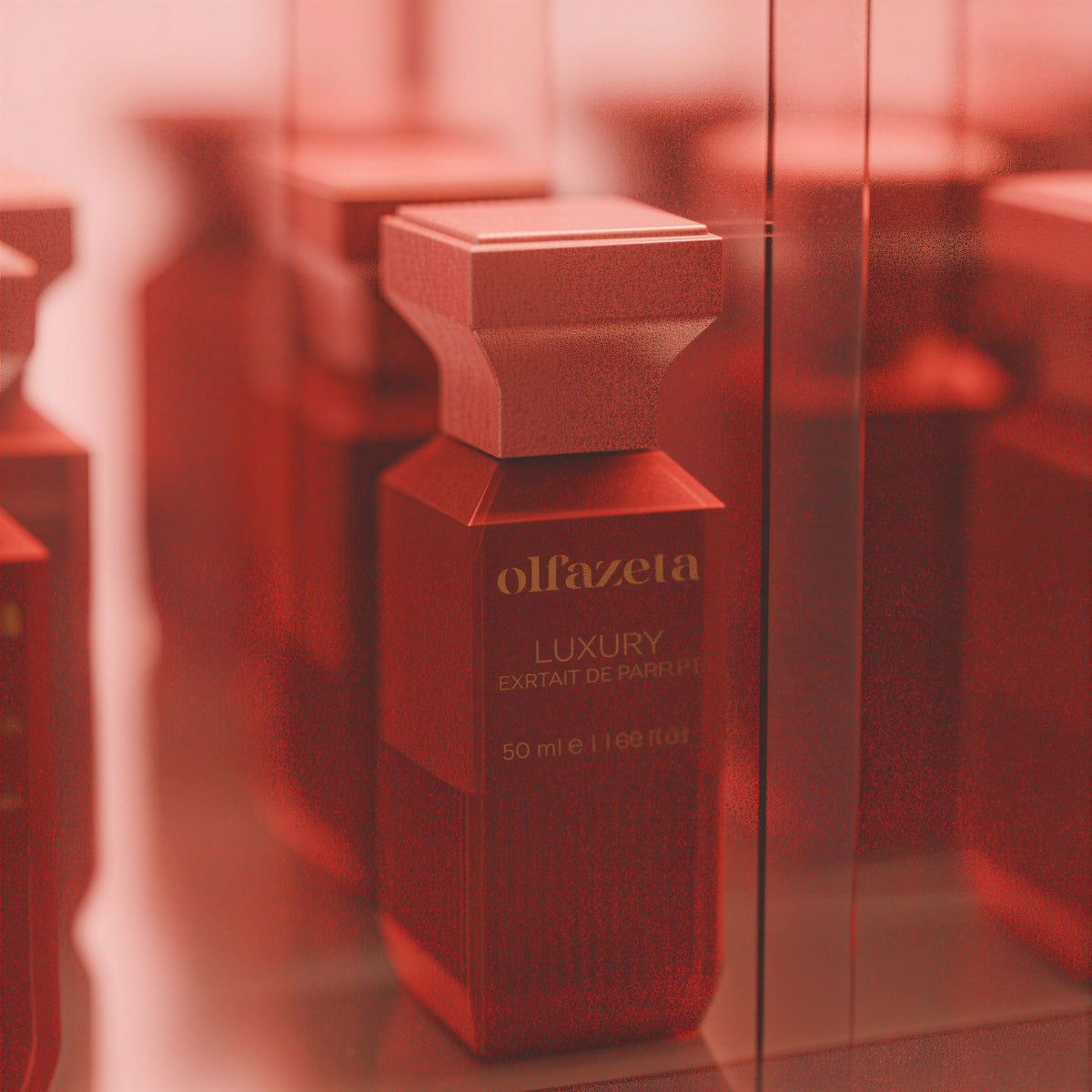Rode flacon Olfazeta by Chogan Luxury N°146, Extrait de Parfum 50 ml in close-up in een gedempte rode sfeer