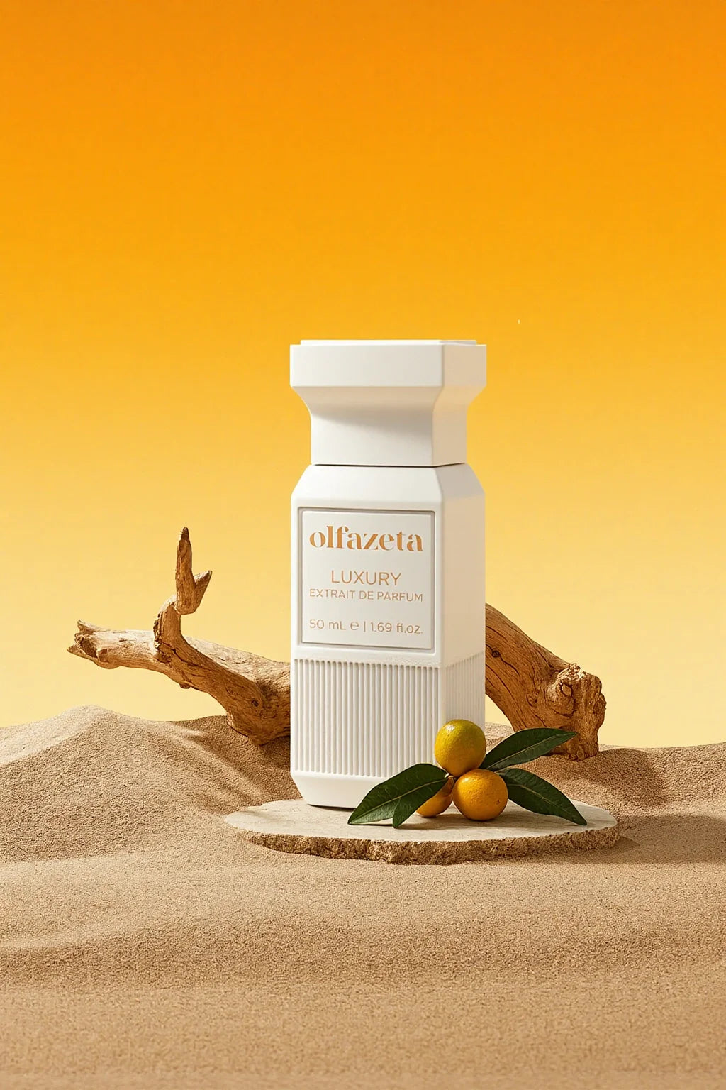 Weißer Flakon Olfazeta by Chogan Luxury N°112 auf einem Steinsockel im Sand, Kumquats und Treibholz